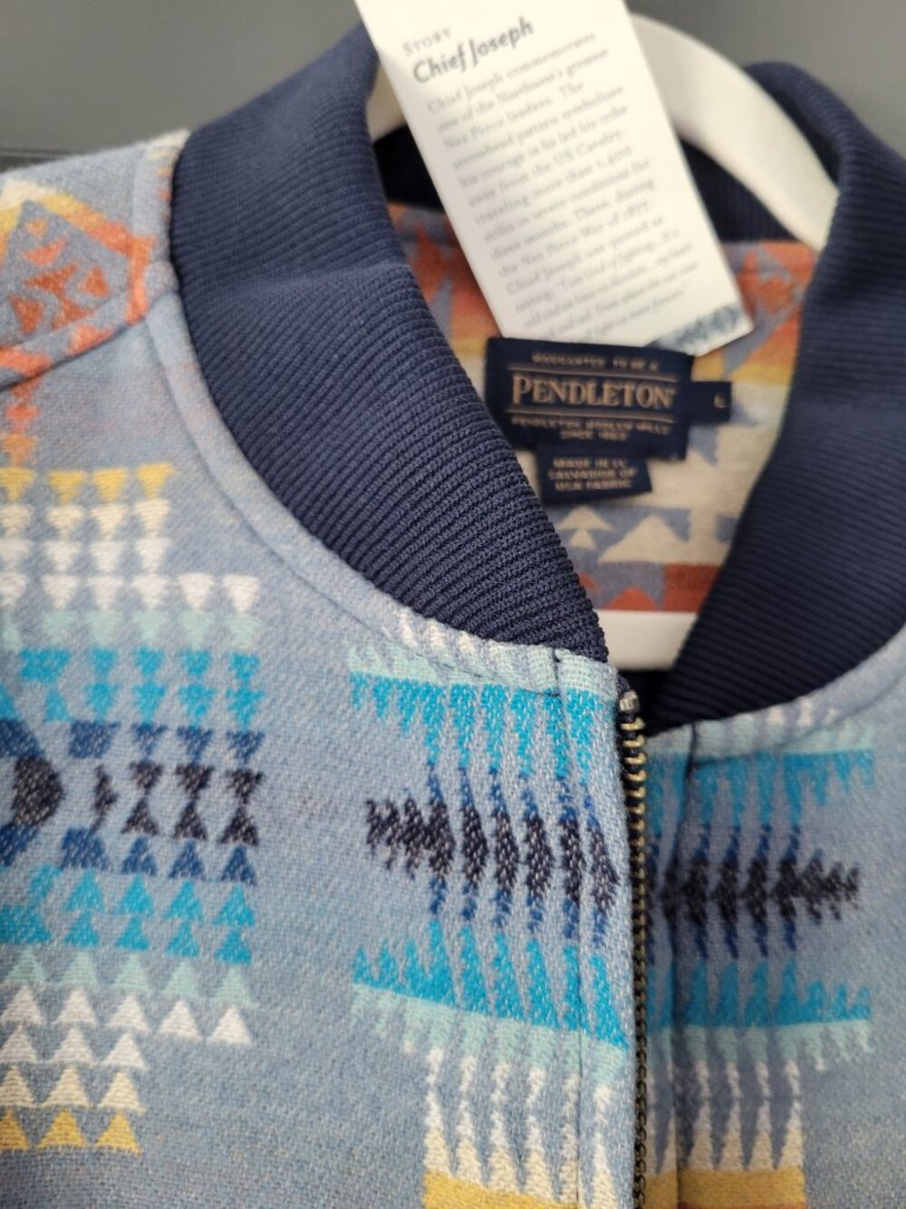 PENDLETON WOMEN'S WOOL BOMBER JACKET NWT L CHIEF JOSEPH PATTERN BLUE MULTI - Picture 7 of 13